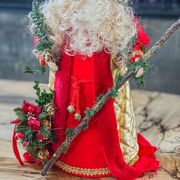 Curly Bearded Santa Claus in Red, Gold & Greenery Tree Top/Table Top Decor, 13”H - Picture 7 of 10